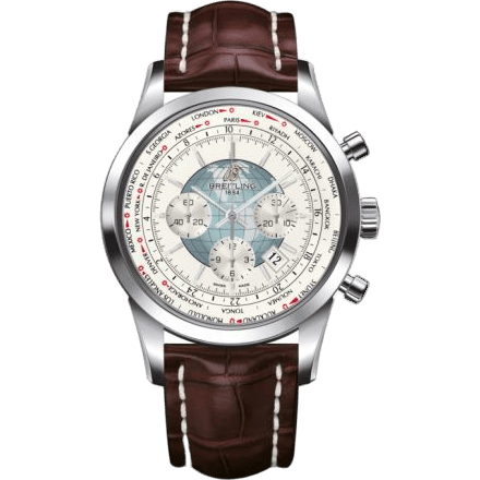 Breitling Transocean Chronograph Unitime Stainless Steel / Silver / Croco AB0510U0.A732.756P