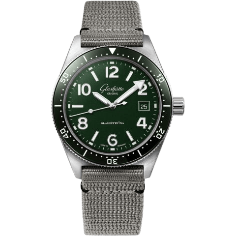 Glashütte Original SeaQ Date Stainless Steel / Green / Synthetic - Pin 1-39-11-13-83-08