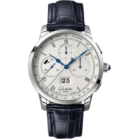 Glashütte Original Senator Chronograph Panorama Date Platinum / Silver / Alligator / Folding 1-37-01-02-03-30