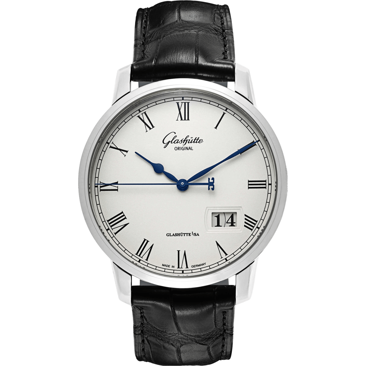 Glashütte Original Senator Panorama Date Stainless Steel / Silver / Alligator / Folding 100-03-32-42-01