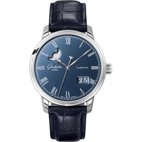 Glashütte Original Senator Panorama Date Moonphase Stainless Steel / Blue / Alligator / Folding 100-04-05-12-30