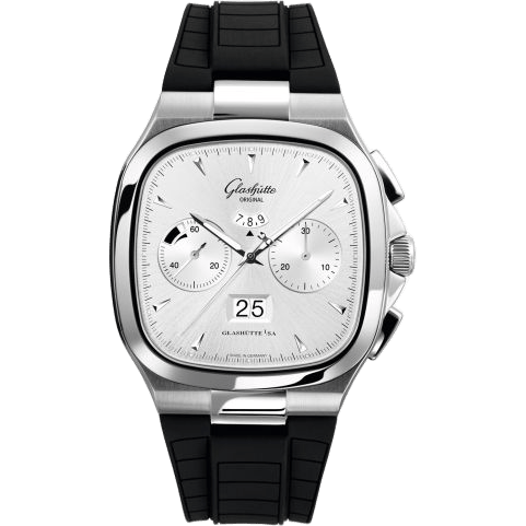 Glashütte Original Seventies Chronograph Panorama Date Silver / Rubber / Folding 1-37-02-02-02-53
