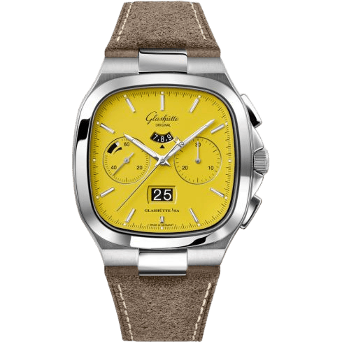 Glashütte Original Seventies Chronograph Panorama Date Yellow / Nubuck / Folding 1-37-02-07-02-35