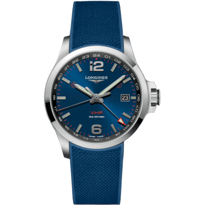 Longines Conquest V.H.P. GMT 43 Stainless Steel / Blue / Rubber L3.728.4.96.9