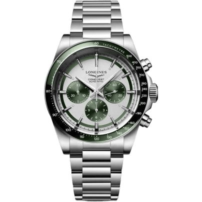 Longines Conquest Chronograph 42 Stainless Steel / Silver - Green / Bracelet L3.835.4.02.6