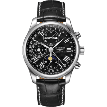Longines Master Collection 42 Chronograph Calendar Stainless Steel / Black-Roman / Alligator XL L2.773.4.51.8