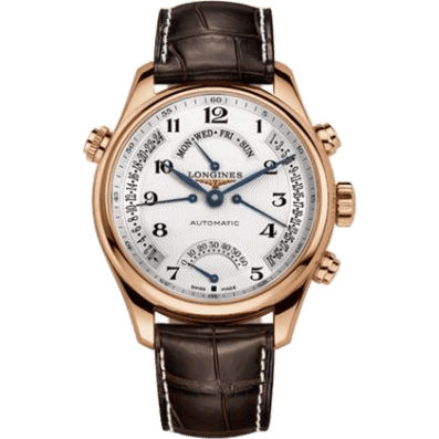 Longines Master Collection 44 Retrograde Pink Gold / Silver-Arabic / Alligator L2.717.8.78.3