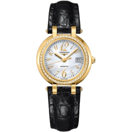 Longines PrimaLuna Automatic 30 Yellow Gold Diamond Leather Funky MOP L8.113.7.83.2