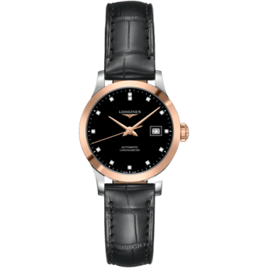 Record 30mm Stainless Steel / Pink Gold / Black-Diamond / Alligator
