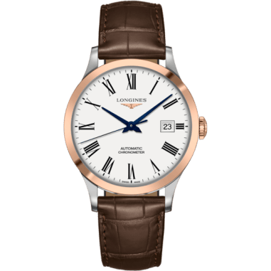 Longines Record 40mm Stainless Steel / Pink Gold / White-Roman / Alligator L2.821.5.11.2
