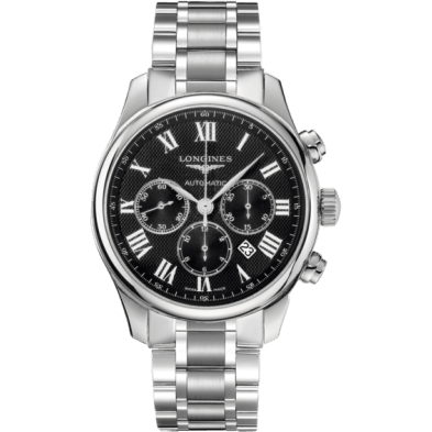 Longines Master Collection 44 Chronograph Stainless Steel / Black-Roman / Bracelet L2.859.4.51.6