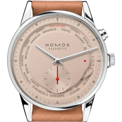 Nomos Glashütte Zürich Weltzeit Red Dot Salmon 805.S7
