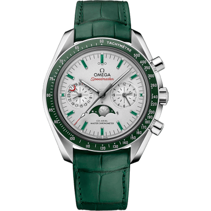 Omega Speedmaster Moonphase Chronograph Master Chronometer Platinum / Silver / Emerald 304.93.44.52.99.003