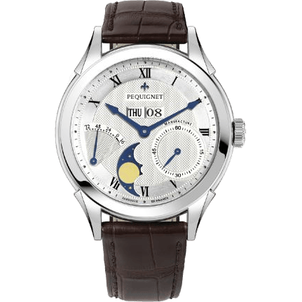 Pequignet Rue Royale Moonphase Stainless Steel / Silver Guilloche / Brown Alligator 9010437CG