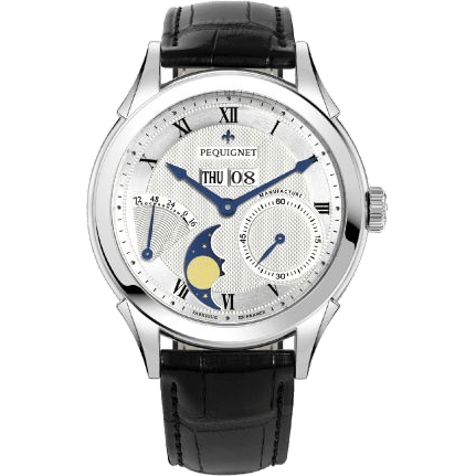 Pequignet Rue Royale Moonphase Stainless Steel / Silver Guilloche / Black Alligator 9010437CN
