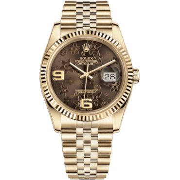 Rolex Datejust 36 Yellow Gold Fluted / Jubilee / Chocolate Floral 116238-0081