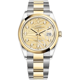 Rolex Datejust 36 Stainless Steel - Yellow Gold - Domed / Champagne - Palm - Diamond / Oyster 126203-0044