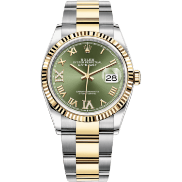 Rolex Datejust 36 Stainless Steel / Yellow Gold / Fluted / Olive Green Roman Diamond / Oyster 126233-0026