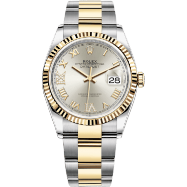 Rolex Datejust 36 Stainless Steel / Yellow Gold / Fluted / Silver Roman Diamond / Oyster 126233-0032