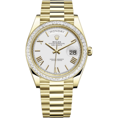 Day-Date 40 Yellow Gold - Baguette / White - Roman