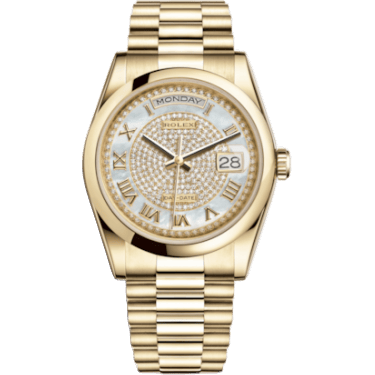 Rolex Day-Date 36 Yellow Gold Domed / President / Paved Roman 118208-0313