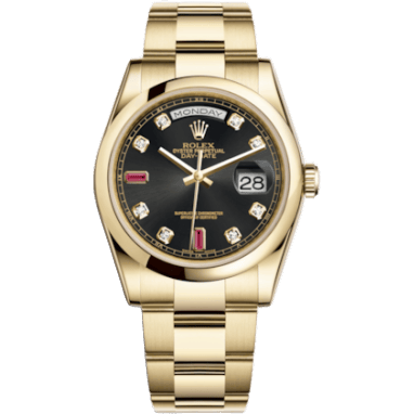 Day-Date 36 Yellow Gold Domed / Oyster / Black Diamonds Rubies