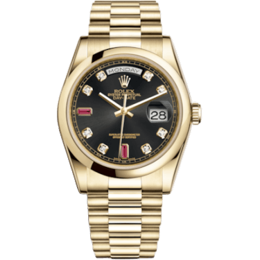 Rolex Day-Date 36 Yellow Gold Domed / President / Black Diamonds Rubies 118208-0323