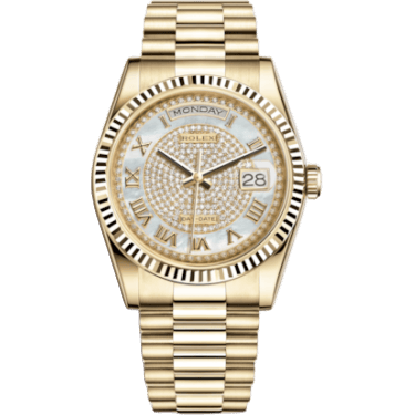 Rolex Day-Date 36 Yellow Gold Fluted / President Diamond / Paved Roman 118238-0123