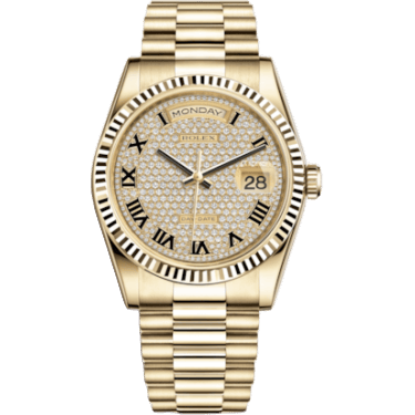 Rolex Day-Date 36 Yellow Gold Fluted / President / Paved Roman 118238-0129