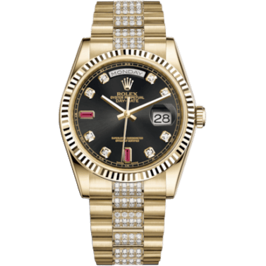 Rolex Day-Date 36 Yellow Gold Fluted / President Diamonds / Black Diamonds Rubies 118238-0405