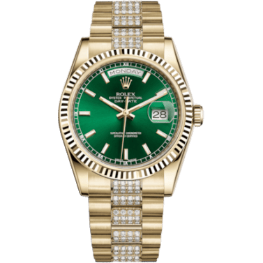 Rolex Day-Date 36 Yellow Gold Fluted / President Diamonds / Green 118238-0435