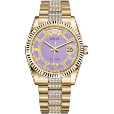 Rolex Day-Date 36 Yellow Gold Fluted / President Diamonds / Lavender Jade Carousel 118238-0441
