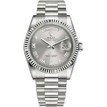 Rolex Day-Date 36 White Gold Fluted / President / Grey Roman 118239-0082