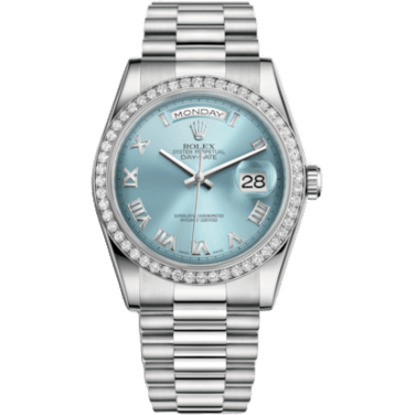 Rolex Day-Date 36 Platinum Diamonds / President / Ice Blue Roman 118346-0023