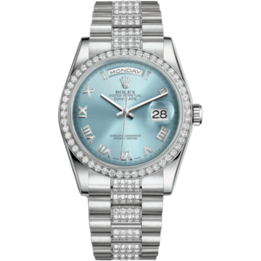 Rolex Day-Date 36 Platinum Diamonds / President Diamonds / Ice Blue Roman 118346-0044