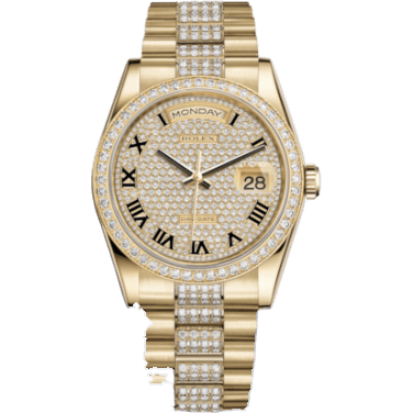 Rolex Day-Date 36 Yellow Gold Diamonds / President Diamond / Paved Roman 118348-0013