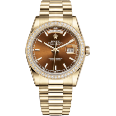 Rolex Day-Date 36 Yellow Gold Diamonds / President / Cognac 118348-0160