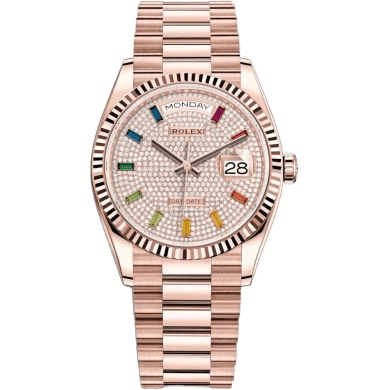 Rolex Day-Date 36 Everose Gold / Fluted / Paved-Rainbow / President 128235-0039