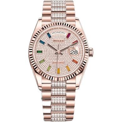 Rolex Day-Date 36 Everose Gold / Fluted / Paved-Rainbow / President-Diamond 128235-0040