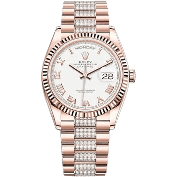 Rolex Day-Date 36 Everose Gold / Fluted / White - Roman / President-Diamond 128235-0053