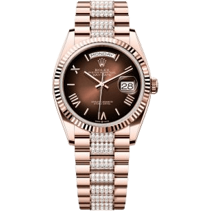 Rolex Day-Date 36 Everose Gold - Fluted / Brown Ombré - Roman / President - Diamond 128235-0076