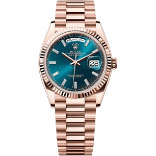 Rolex Day-Date 36 Everose Gold - Fluted / Blue-Green - Baguette / President 128235-0085