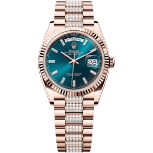 Rolex Day-Date 36 Everose Gold - Fluted / Blue-Green - Baguette / President - Diamond 128235-0086