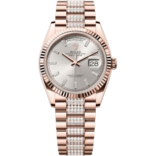 Rolex Day-Date 36 Everose Gold - Fluted / Silver - Baguette / President - Diamond 128235-0088