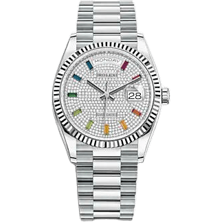 Rolex Day-Date 36 Platinum - Fluted / Paved - Rainbow / President 128236-0003