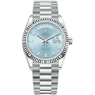 Rolex Day-Date 36 Platinum - Fluted / Ice Blue - Baguette / President 128236-0009