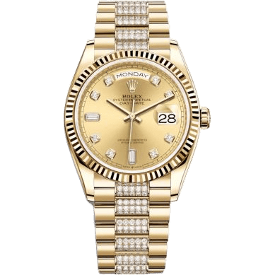 Rolex Day-Date 36 Yellow Gold / Fluted / Champagne-Diamond / President-Diamond 128238-0026