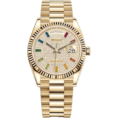 Rolex Day-Date 36 Yellow Gold / Fluted / Paved-Rainbow / President 128238-0051