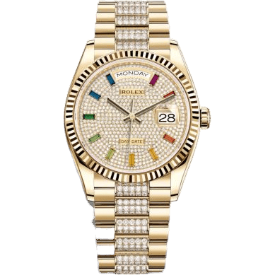Rolex Day-Date 36 Yellow Gold / Fluted / Paved-Rainbow / President-Diamond 128238-0052