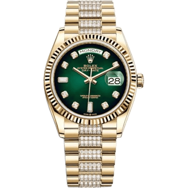 Rolex Day-Date 36 Yellow Gold / Fluted / Green Ombré-Diamond / President-Diamond 128238-0070